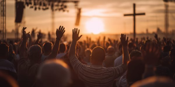 Crowd of people with raised hands at outdoor Christian worship service during sunset creating spiritual and uplifting atmosphere
