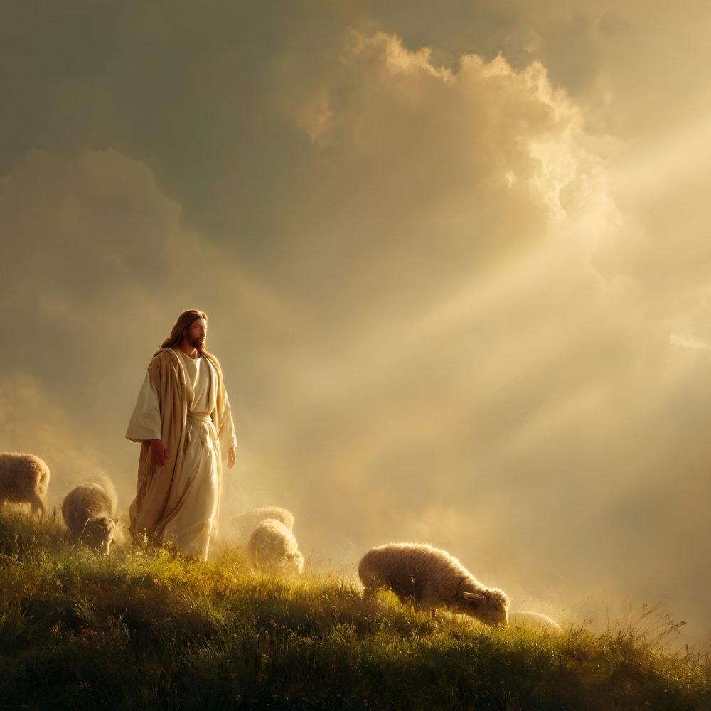 A digital painting of Jesus as the Good Shepherd standing peacefully on a gentle hillside at sunrise